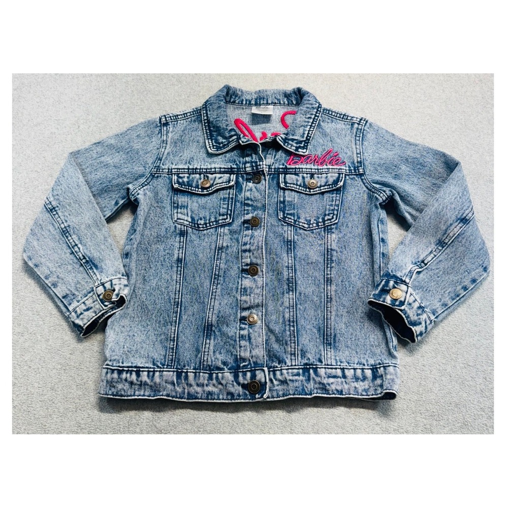 Barbie Denim Jacket Kids L Blue Acid Wash Embroidered Logo Retro Trucker 90s